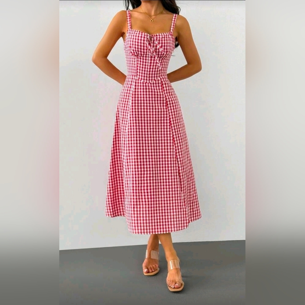 New Gingham Lace Up Back A Line Midi Dress Red White - Picture 6 of 8